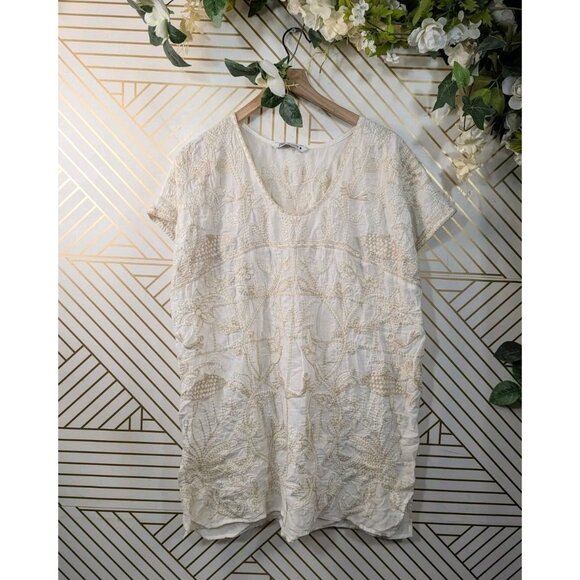 Zara Women's Embroidery Blouse Mini Dress Swim Cover Up Boho Ecru 5107/246 MED - Picture 1 of 8